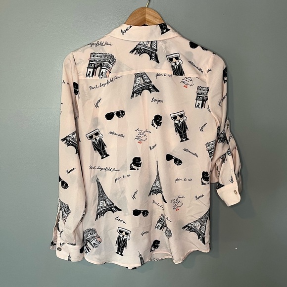 Karl Lagerfeld Paris Printed Baby Pink Button Down Top - Picture 3 of 11